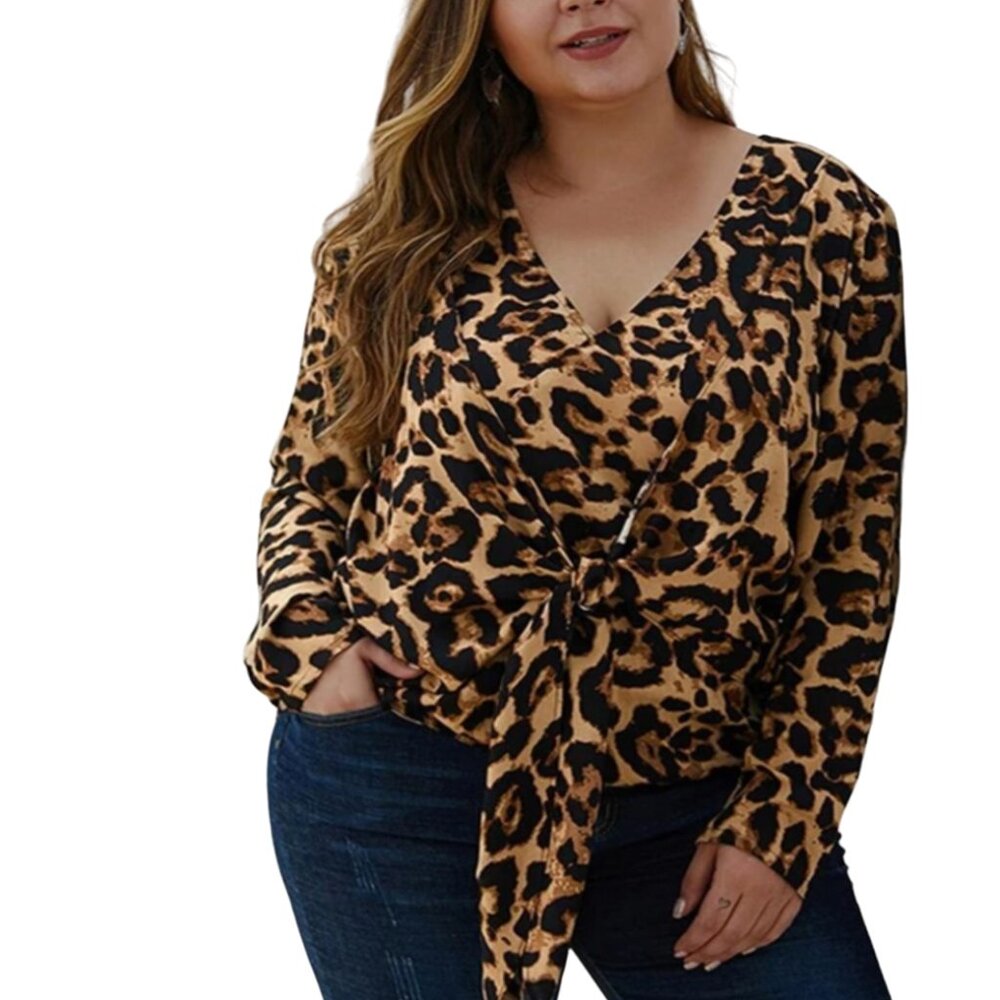 Women's V-Neck Lantern Sleeve Chiffon Leopard Print Plus Size Blouse Tops 2XL